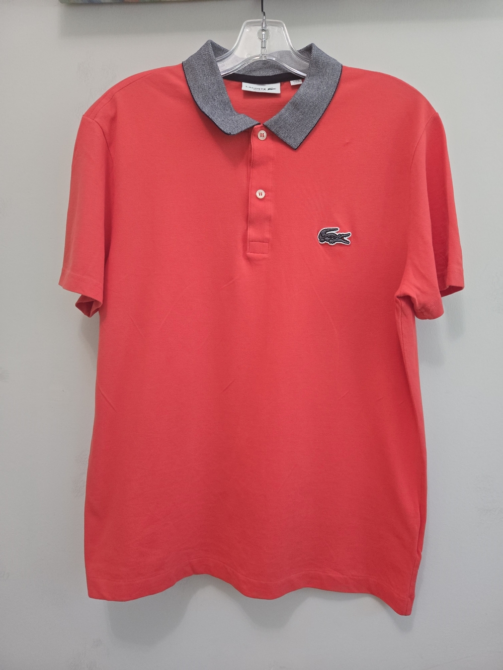 Lacoste Men's Coral Red Cotton Polo with Gray Contrast Collar US L
